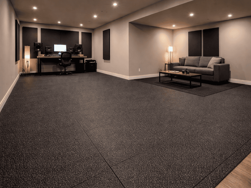 Cross-section of high-density rubber soundproof flooring installation